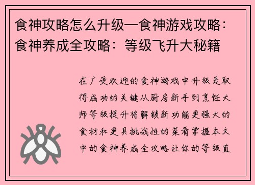 食神攻略怎么升级—食神游戏攻略：食神养成全攻略：等级飞升大秘籍